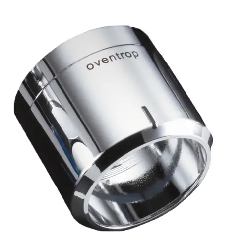 Designabdeckung von Oventrop in glänzendem Metall, zylindrische Form mit einer seitlichen Öffnung. Eignet sich für Thermostate in modernen Heizsystemen.